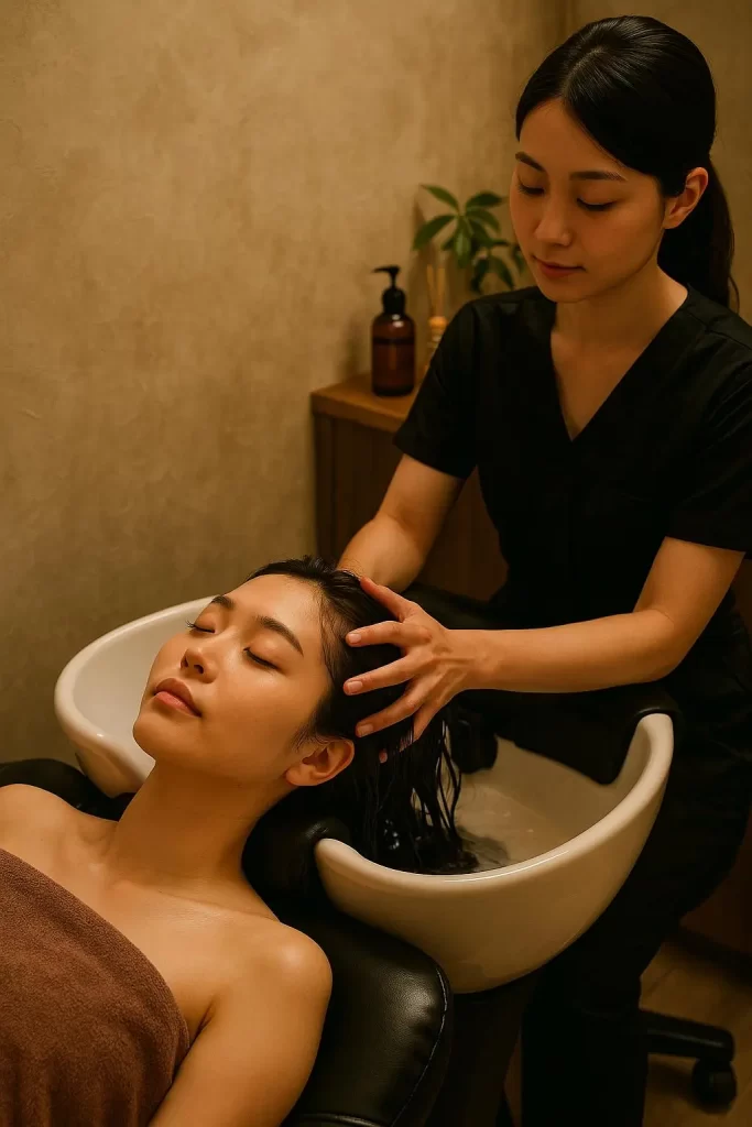 Professional Japanese scalp massage treatment in a peaceful wellness clinic